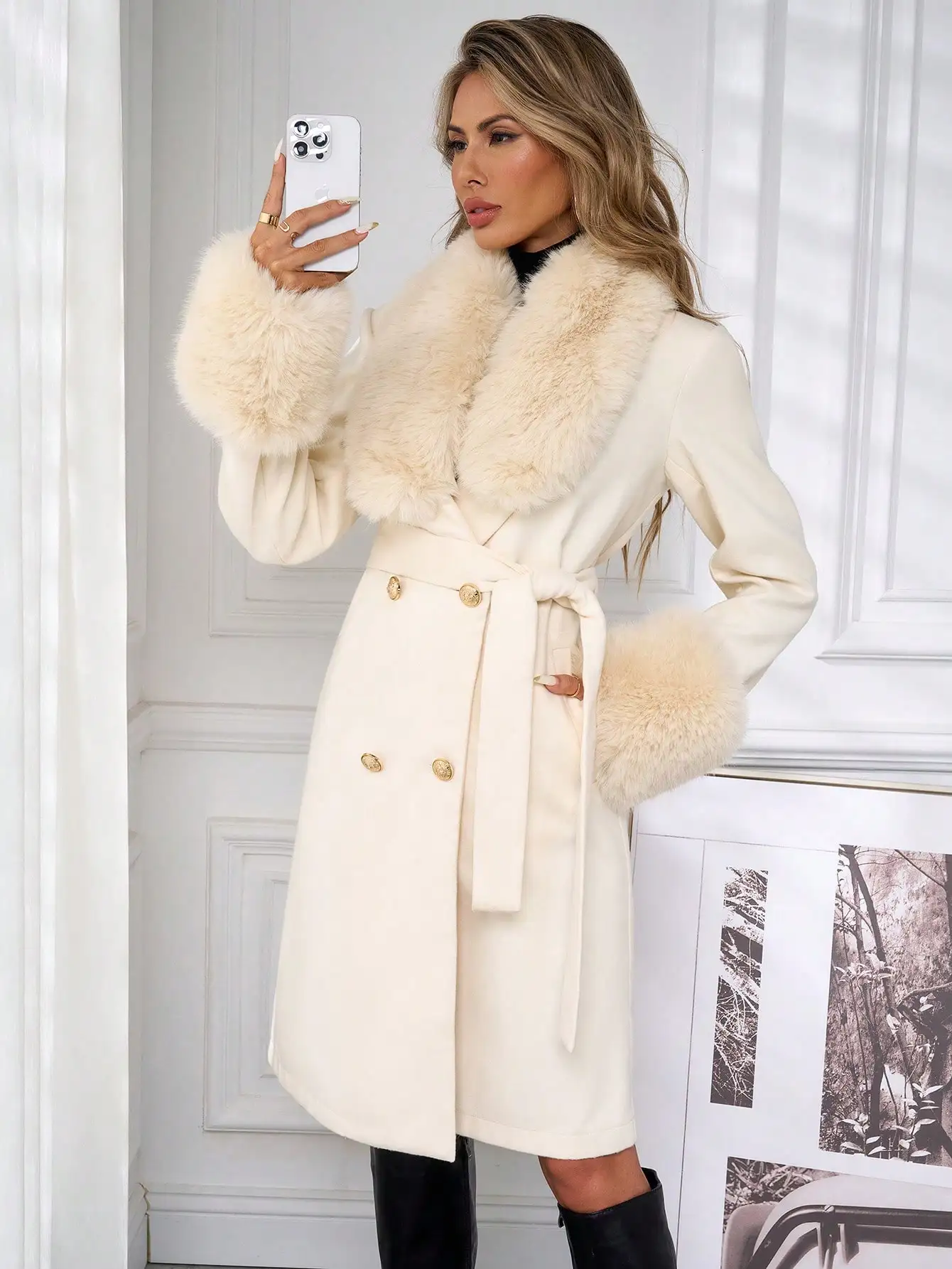 

Lavishia Women's Double-Breasted Belted Fluffy Trimmed Elegant Long Coat In Fall/Winter