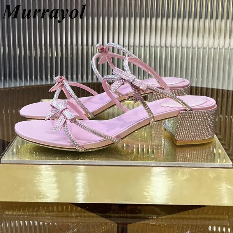 

Open Toe Thin Band Design Square Heels Slippers Women's Butterfly-knot Rhinestone Decor Sandals Summer Party Dress Shoes Pumps