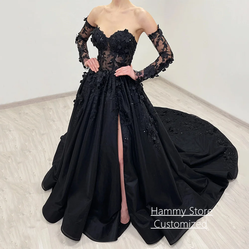Elegantes schwarzes Hochzeitskleid, maßgeschneidert, abnehmbare lange Ärmel, Blumenapplikationen, geschlitzter Hofzug, Korsett, Gothic-Brautkleid