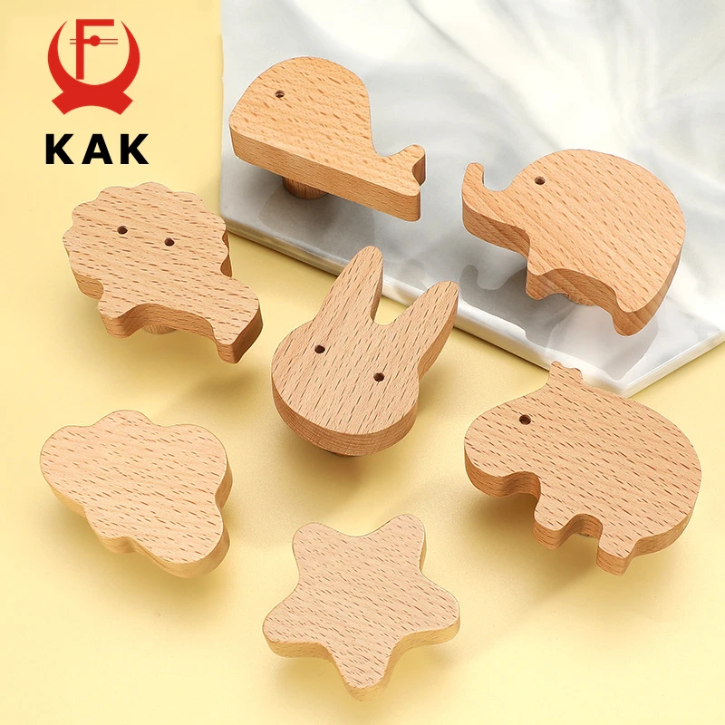 KAK Natural Wooden Hooks Animal Shape Cabinet Knobs and Handles Non Punch Creative Wall Hanging Hooks Furniture Handle Hardware
