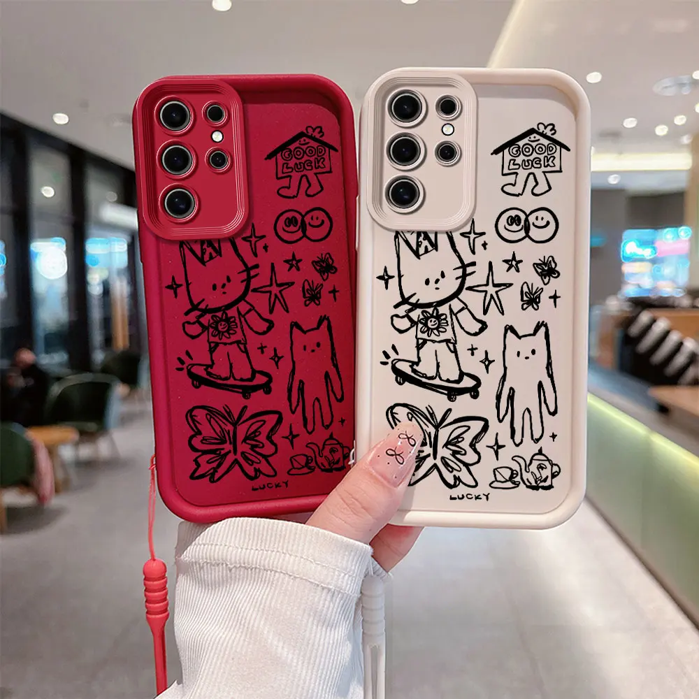 Cute Cartoon Black Sketch Cat Phone Case for Huawei P20 P30 P40 P50 Mate 20 30 40 Pro Nova 7 9 10 SE Soft Cover With Hand Strap