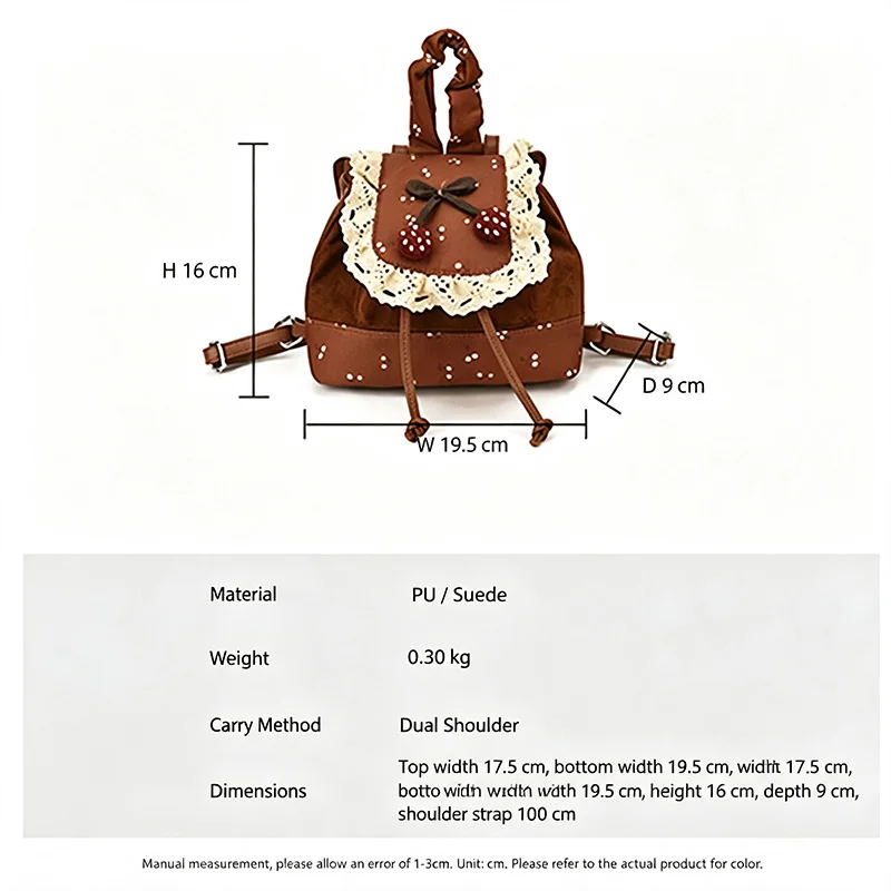 Cute Lace Cherry Mini Backpack Vintage Drawstring Bucket Bag Kawaii Small Shoulder Daypack For Women Girls