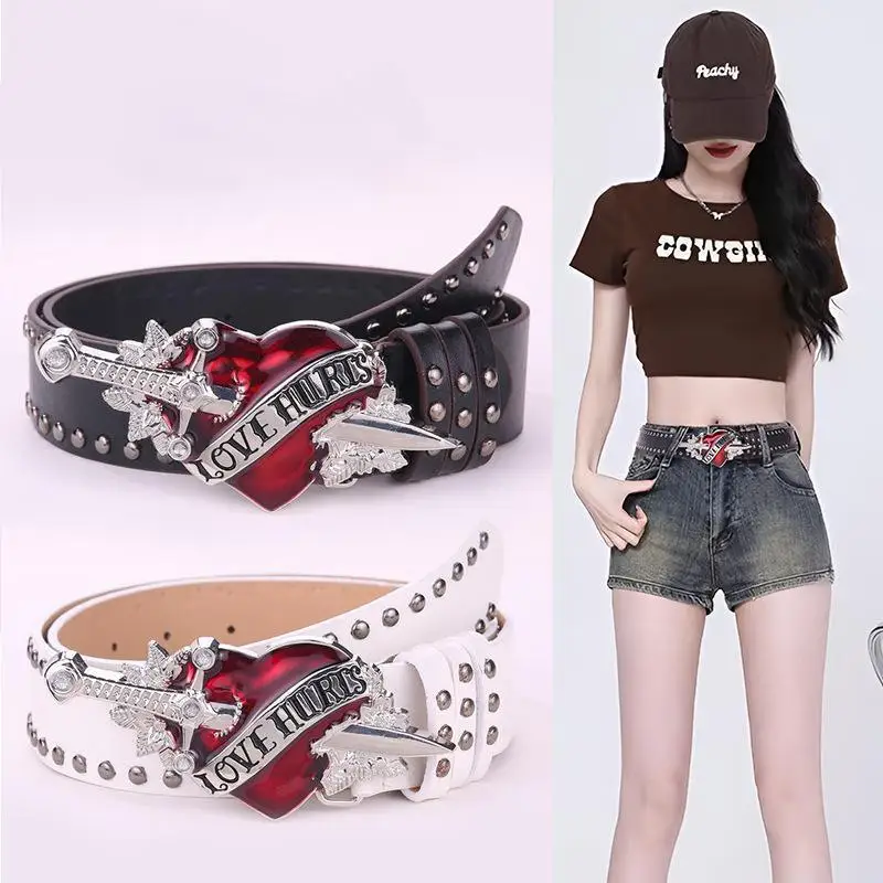 Gothic Y2K Harajuku Style Belt with Embossed Heart Decoratio