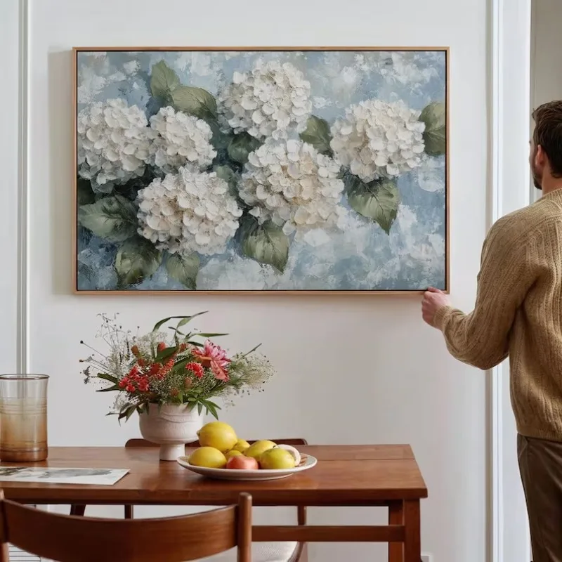 Romantyczny Kwiatowy Plakat z Białymi Hortensjami i Różami, Teksturowany, Botaniczny Obraz na Płótnie, Dekoracja Ścienna, Obrazy do Domu