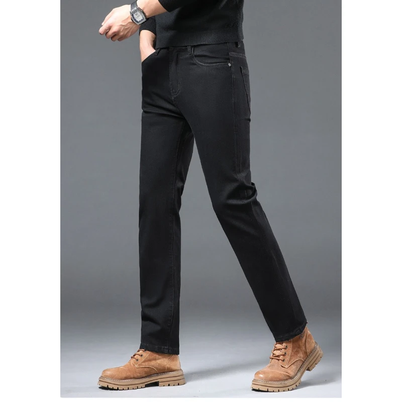 الخريف الشتاء أسود رمادي سميكة الجينز رجال الأعمال سليم صالح مستقيم سراويل تقليدية بنطلون عالية الجودة الرجال السراويل الطويلة #5
