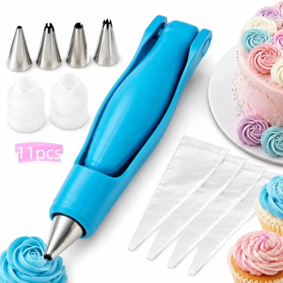 11-Piece Cake Decorating Kit – Blue cake decorating pen set featuring 4 differently shaped pen tips, 4 piping tips, and decorating bags; includes the pen, piping tips, and tools suitable for decorating cookies and cupcakes.