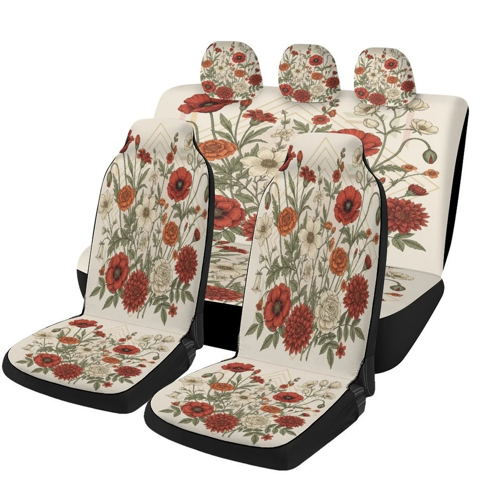 Floral Bouquet Car Seat Cover Set - Vibrant Red & Green Floral Design, Durable Polyester, Fit For Most Cars, All-Season Use, Mac