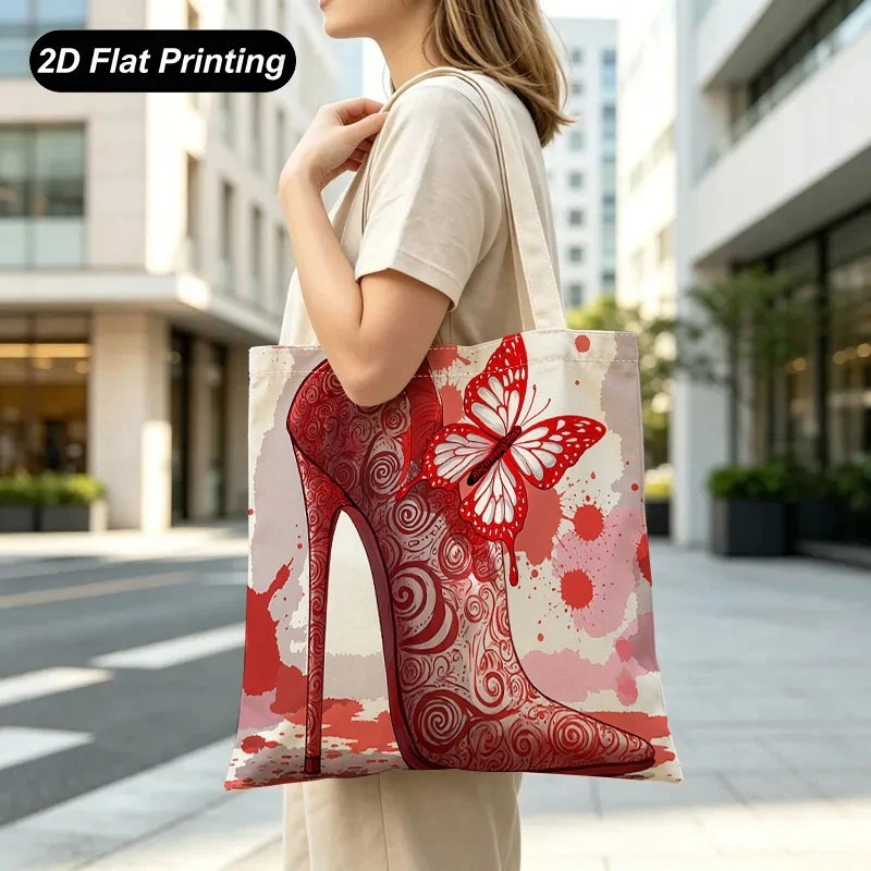1PC【Tote Bag】2DFlat effect，New large-capacity tote bag，Red high heels with print，Suitable daily commuting、Shopping