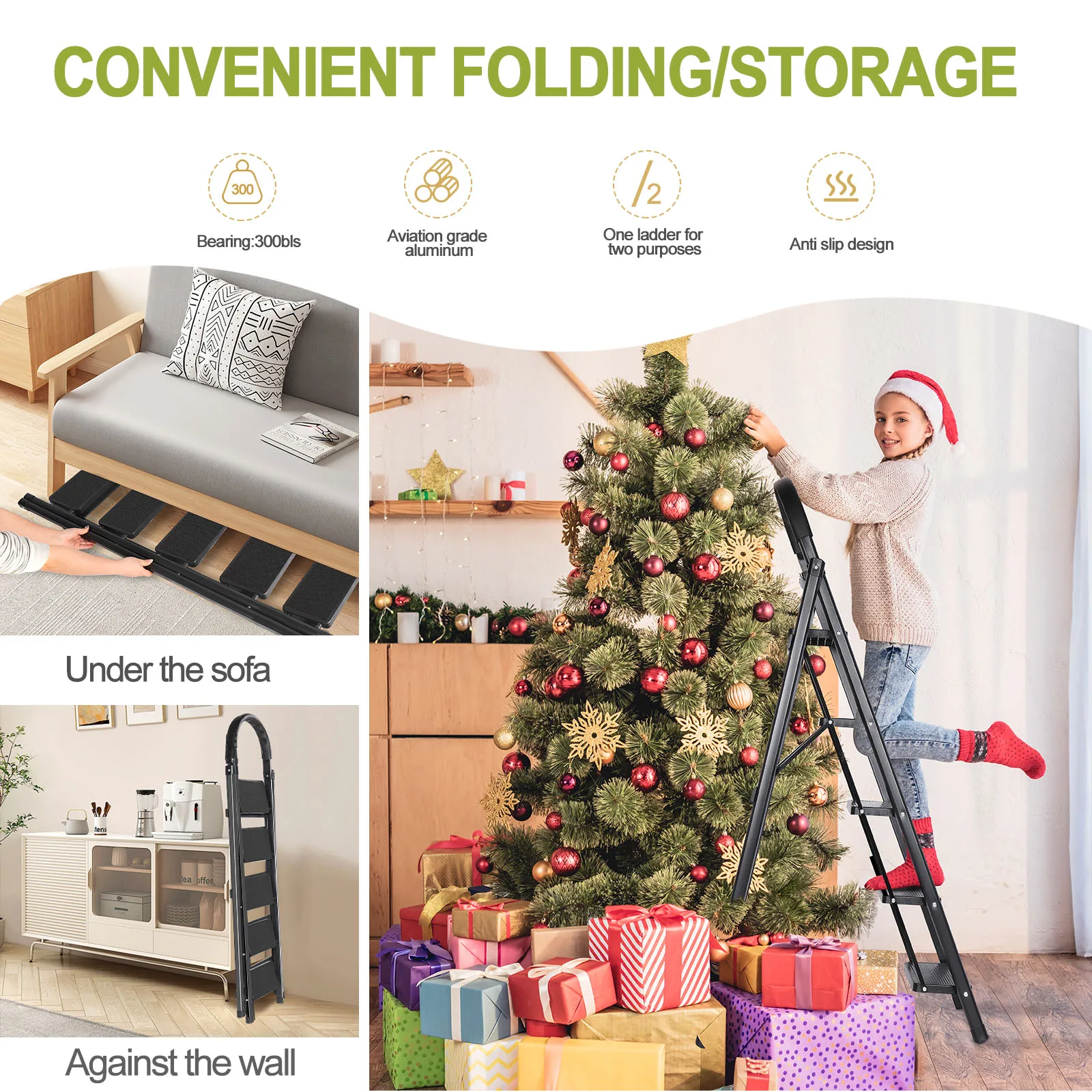 Heavy-Duty Folding Stool with Handrail, Anti-Slip Step Ladder for Home, Office, Garage