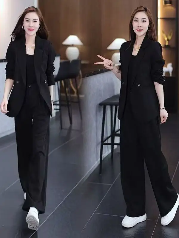 

plus Size Casual Suit Set Women's Spring New Style Slimming Outerwear Wide Leg Pants Two Piece Set Professional Brand Buckle