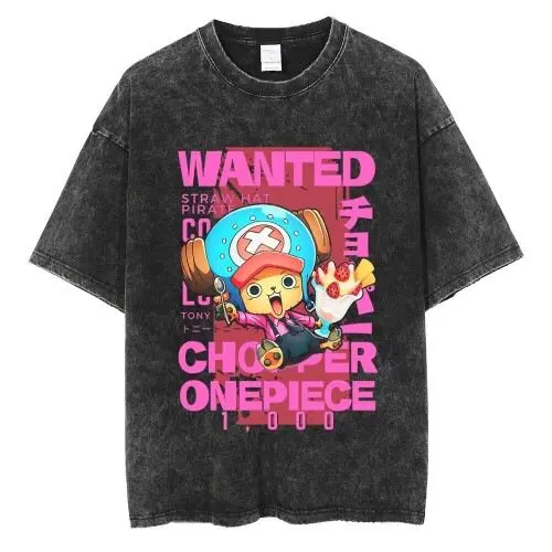 

One Piece Men Cotton T-shirt Streetwear Washed Black Oversized Short Sleeve Casual Daily Wear Tony Tony Chopper Wanted Poster