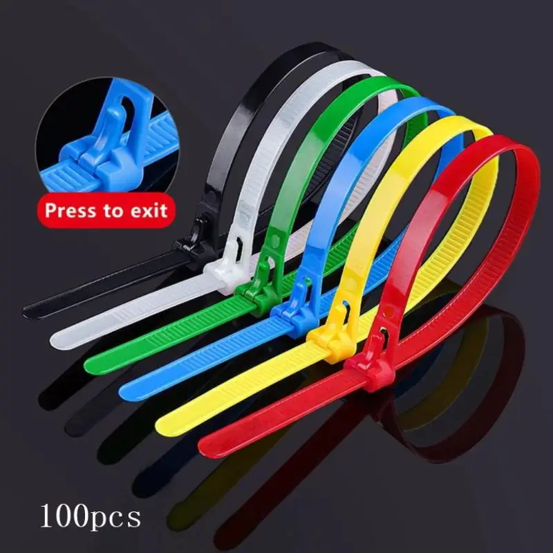 100PCS Reusable Detachable Cable Ties Colored Plastics Cable Ties Nylon Loop Wrap Zip Ttype Cable Tie Wire Bandage Tie