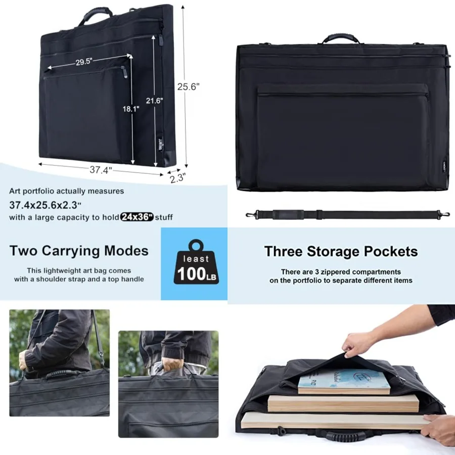 JJRING 24x36 Art Portfolio Tote Bag - Large Carrying Storage Case with Handle Adjustable Shoulder Strap for Artists Perfect for