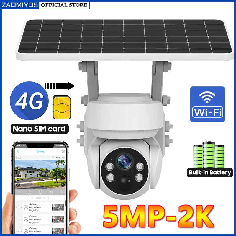 

5MP 4G SIM Solar Powered Rechargeable Camera PTZ WIFI Outdoor Security Protection Surveillance CCTV IP Camera Motion Detection