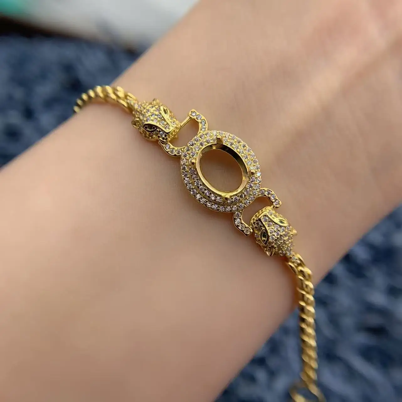 MeiBaPJ Inlay 8*10mm Oval Stone S925 Sterling Silver DIY Empty Bracelet Holder Leopard Head Women Fine Charm Weddings Jewelry