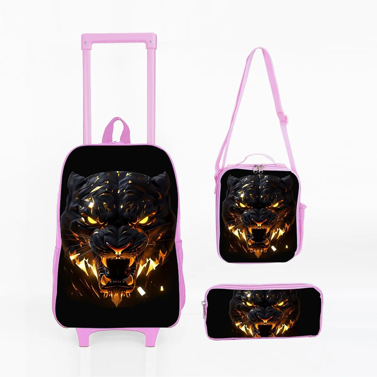 

Tiger King Print Children'sWheeled Rolling Bag Set with Lunch Box Pen Bag with Wheels School Trolley Backpack Bag for Girl/Boys