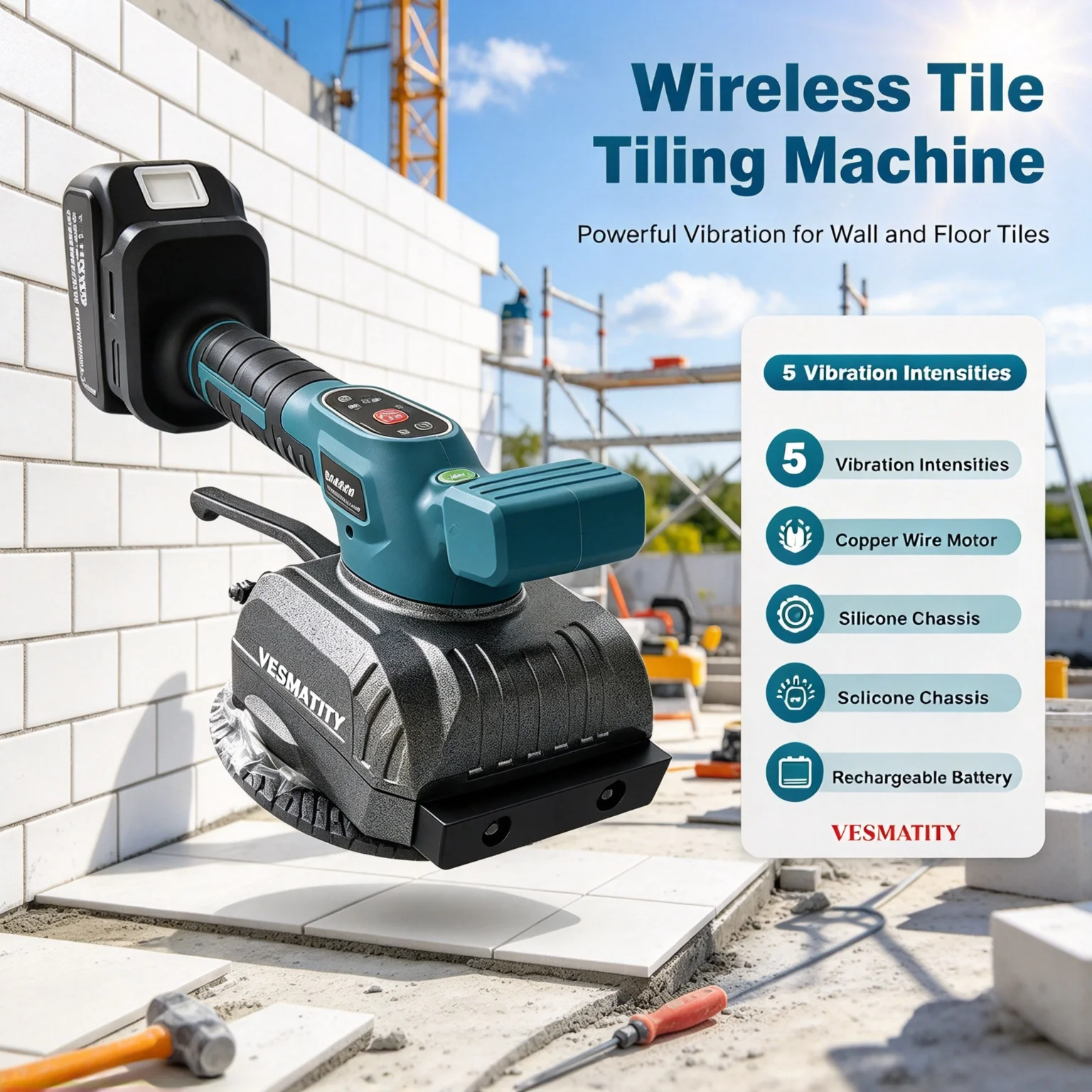 Vesmatity Vibrations Cordless Automatic Tile Tiler 5 Laying Vibrating Tool Tile Leveller Floor Leveling 18V Battery Set