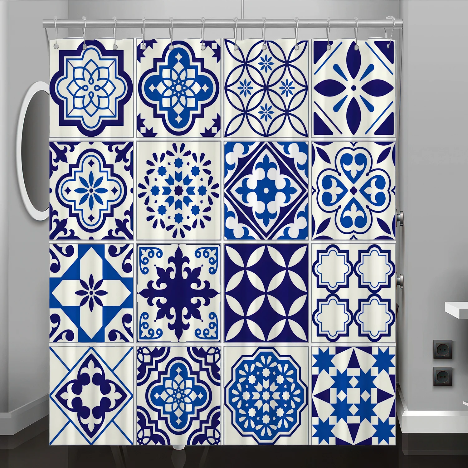 Culture Art Stitching Tile Pattern Digital Printing Shower Curtain, Bathroom Decoration Home Decoration, Free Hooks