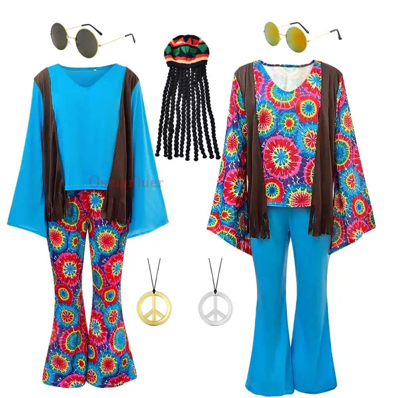 Disfraz Hippie Completo Para Hombre Y Mujer - Camiseta De Colores, Peluca Afro, Gafas De Sol, Collar, Pulsera Y Diadema - Ideal Para Fiestas De Los 60/70, Carnaval Y Halloween - Lavable A Máquina