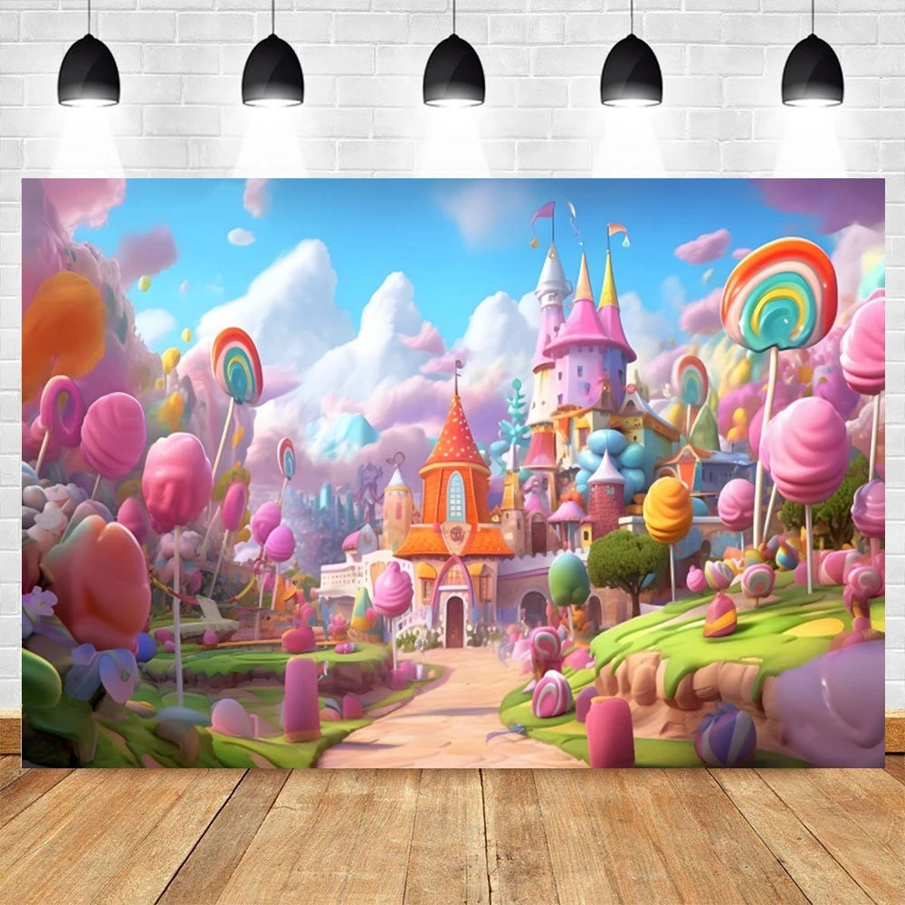 Pink Candy World Backdrop Sweet Candyland Castle Lollipop House Baby Birthday Party Portrait Background Cake Smash Photo Studio