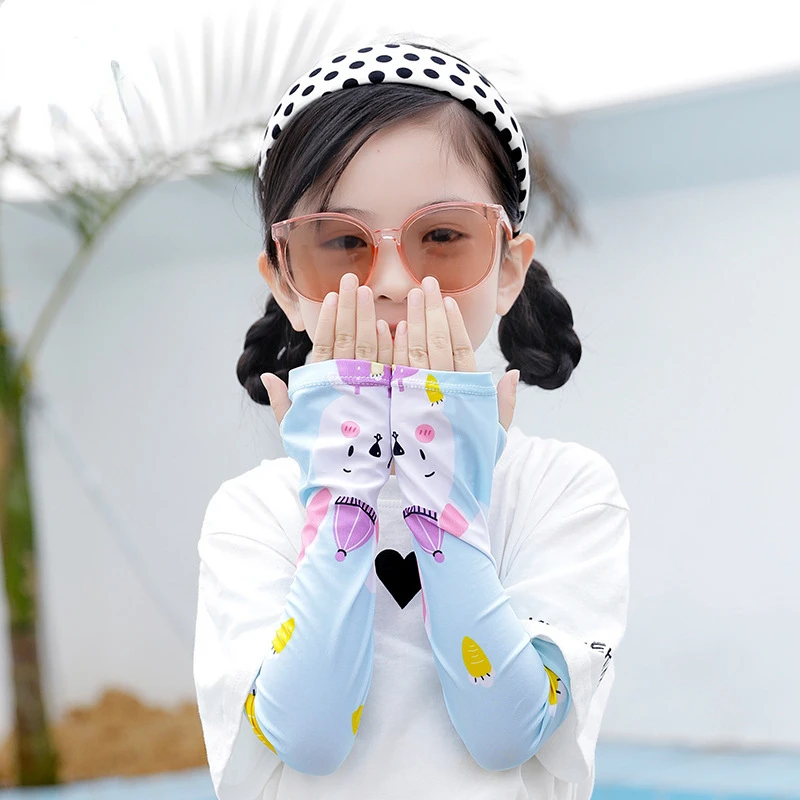 Kids Cartoon Print Fingerless Gloves Sun Protection Ice Silk Sleeve Cute Pattern Boys and Girls Summer Sun Protection Arm Cover