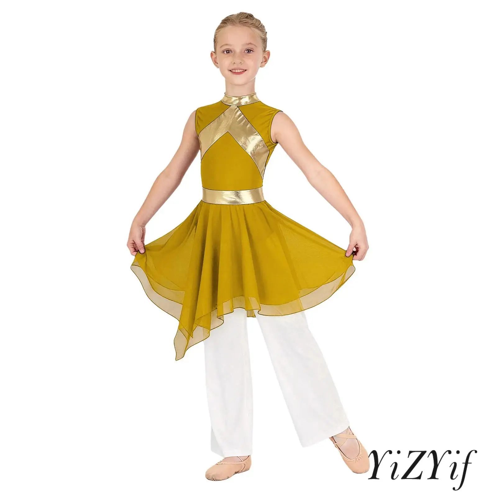 فستان أطفال بناتي مكون من قطعتين من ملابس الرقص الليتورجية المعدنية بألوان متباينة بدون أكمام بحاشية غير متماثلة مع بنطال ذو قصة أرجل واسعة #1