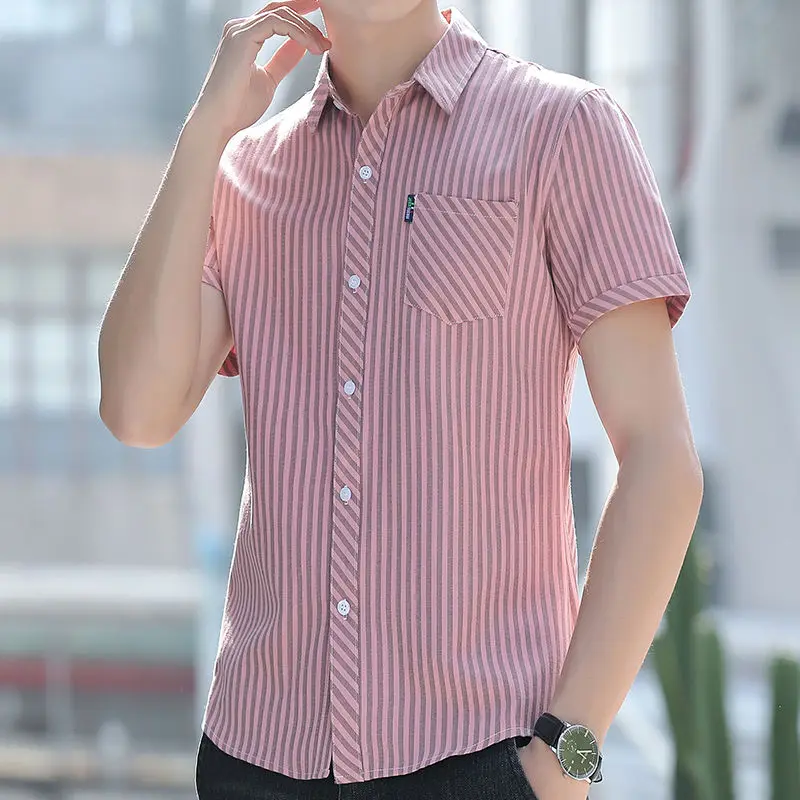 Boyfriend Vintage Button Striped Short Sleeve Turn-down Collar Pockets Cardigan Men\'s Contrast Color Shirt Casual Formal Tops