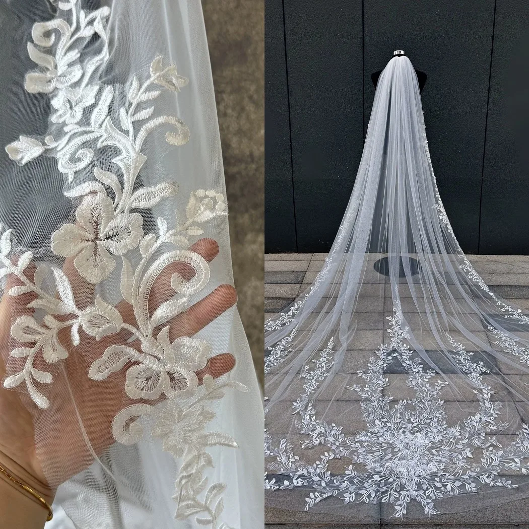 Elegant Wedding Veils Appliques Lace One Layer White Ivory Tulle Bridal Veil with Combs 3 Meters Veu de Noiva Longo Real Photos