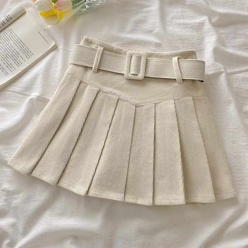2026 Women Belted Pleated Skirt Texture Corduroy Box Pleat Mini Skirt with Belt Teen-girl Academy School Autumn Winter Outfit