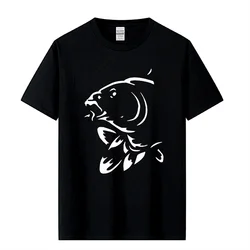 Camiseta de algodón para hombres, prenda de vestir, de manga corta y cuello redondo, color negro, estilo Harajuku, veraniego, con estampado de pescador y pez carpa divertido