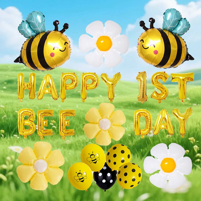 Large Bee White Daisy Flower Foil balloon for Children's Birthday Graduation Mother's Day Party Decoration Plumeria Helium Ball