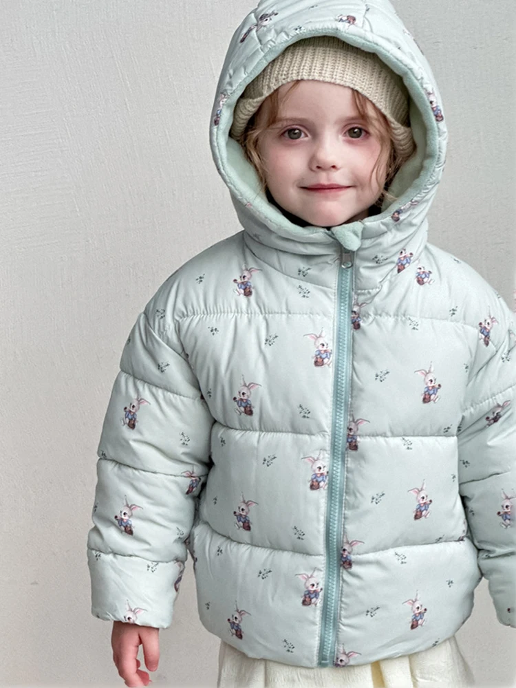 2026 Winter Kids Reversible Down Jacket Baby Boys Girls Cartoon Print Thick Warm Cotton Padded Outerwear Children Snowsuit Parka