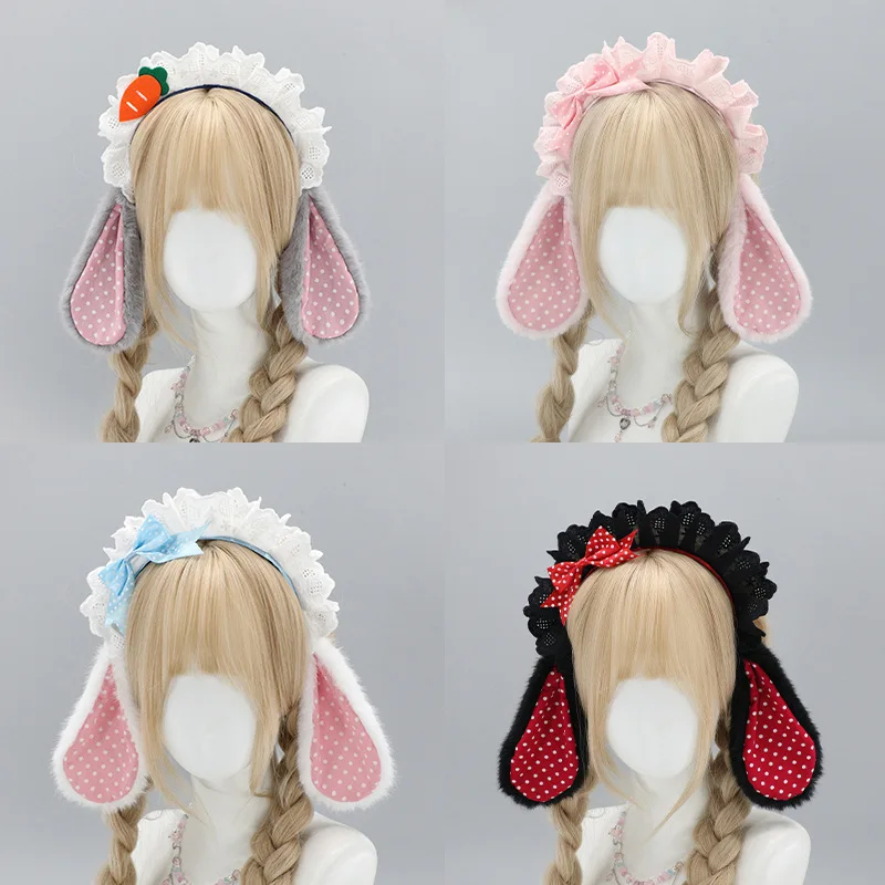 Sweet Kawaii Plush Bunny Ear Headband Ruffled Lace Polka Dot Inner Ear Lolita Cosplay Maid Hair Accessory Pink White Gray Black