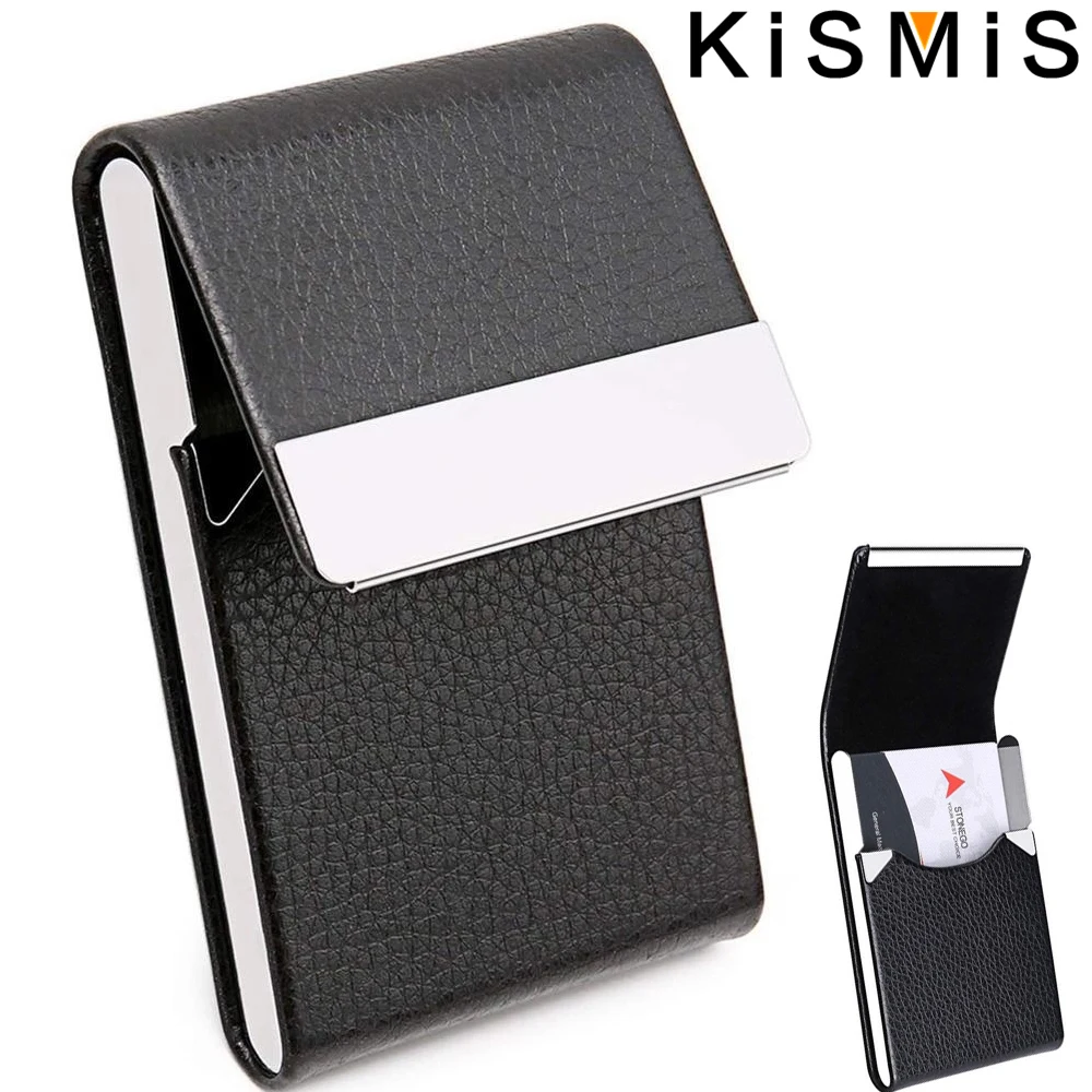 KISMIS PU Leather Business Card Holder Case - Slim Metal Pocket Holder with Magnetic Shut