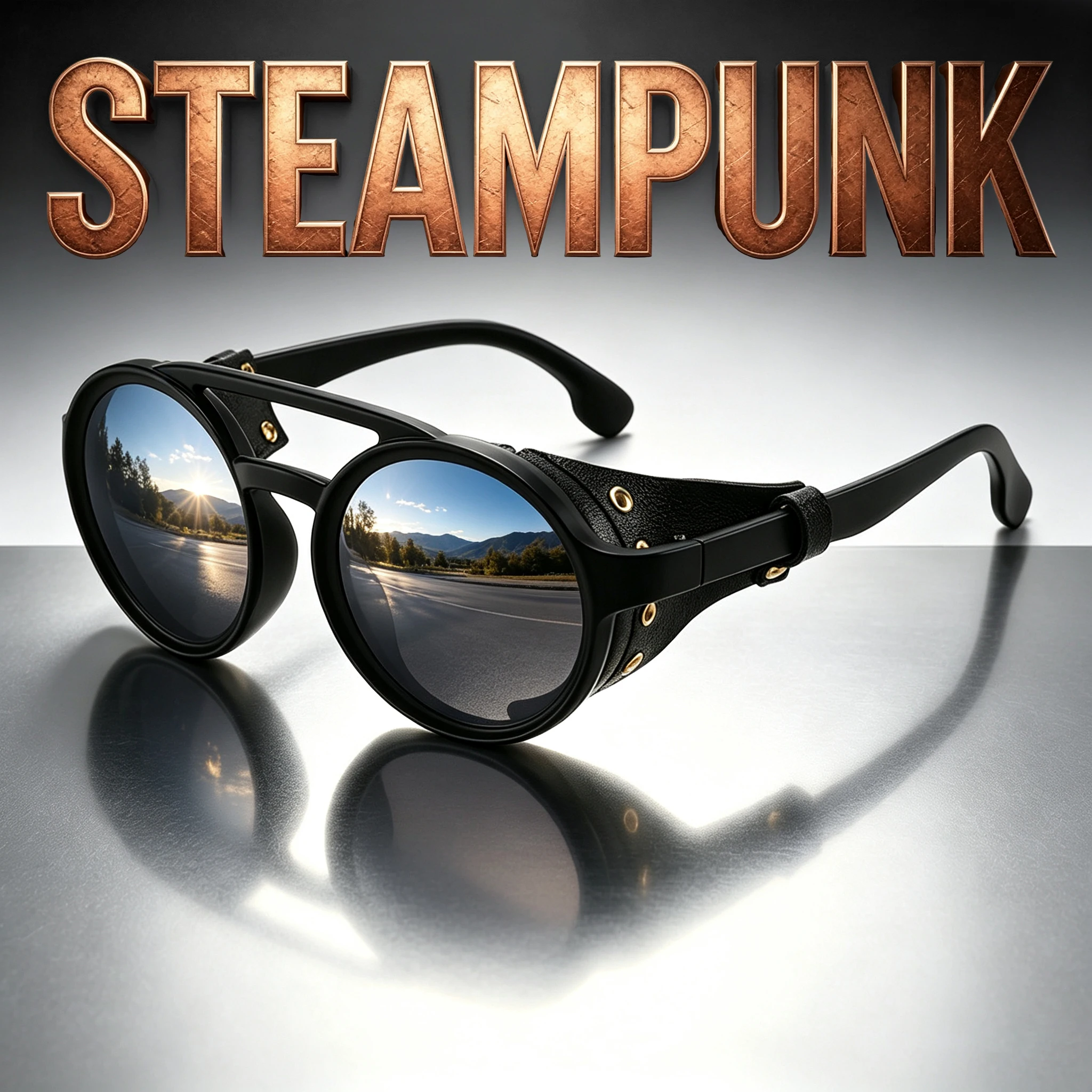 Runde Sonnenbrille im Punk-Stil, bunt, verspiegelt, mit Leder besetzt, trendige, coole Modebrille, UV400