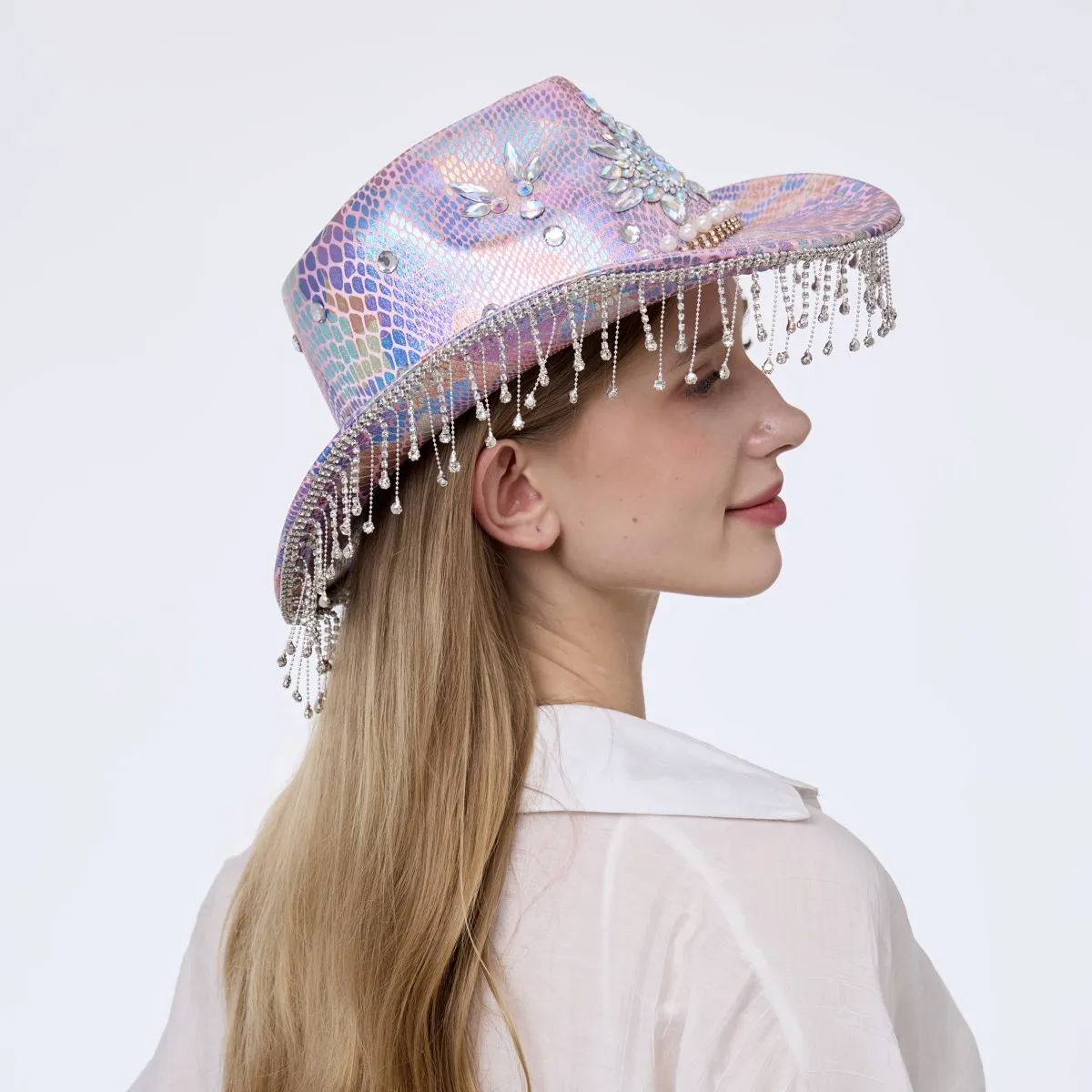 HongLuan Brokatowy Kapelusz Kostiumowy dla Dorosłych i Kapelusze Kowbojskie z Cyrkoniami dla Kobiet, Akcesoria do Cosplay Kowbojki i Kapelusz Kowbojski