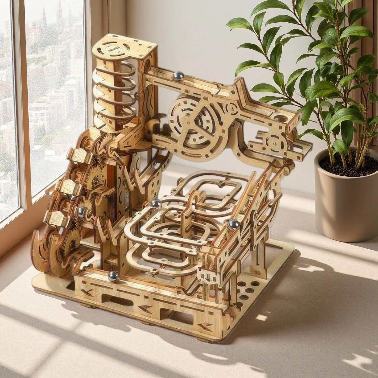 OUZEY 3D Wooden Marble Run - Electromagnetic Launcher Mechanical Model, STEM Educational Toy for Adults & Teens Age 14+