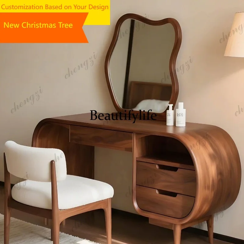 M45 New Chinese black walnut bedroom solid wood makeup mirror makeup stool combination high-end makeup table customization