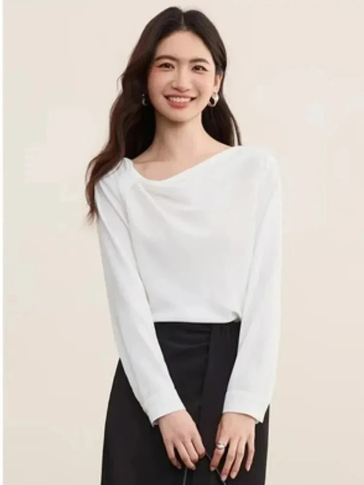 SENTUBILA Women's Elegant Skew Neck Chiffon Shirt 2025 Autumn Loose Edition Commuting Long Sleeve Shirt 153VA2614