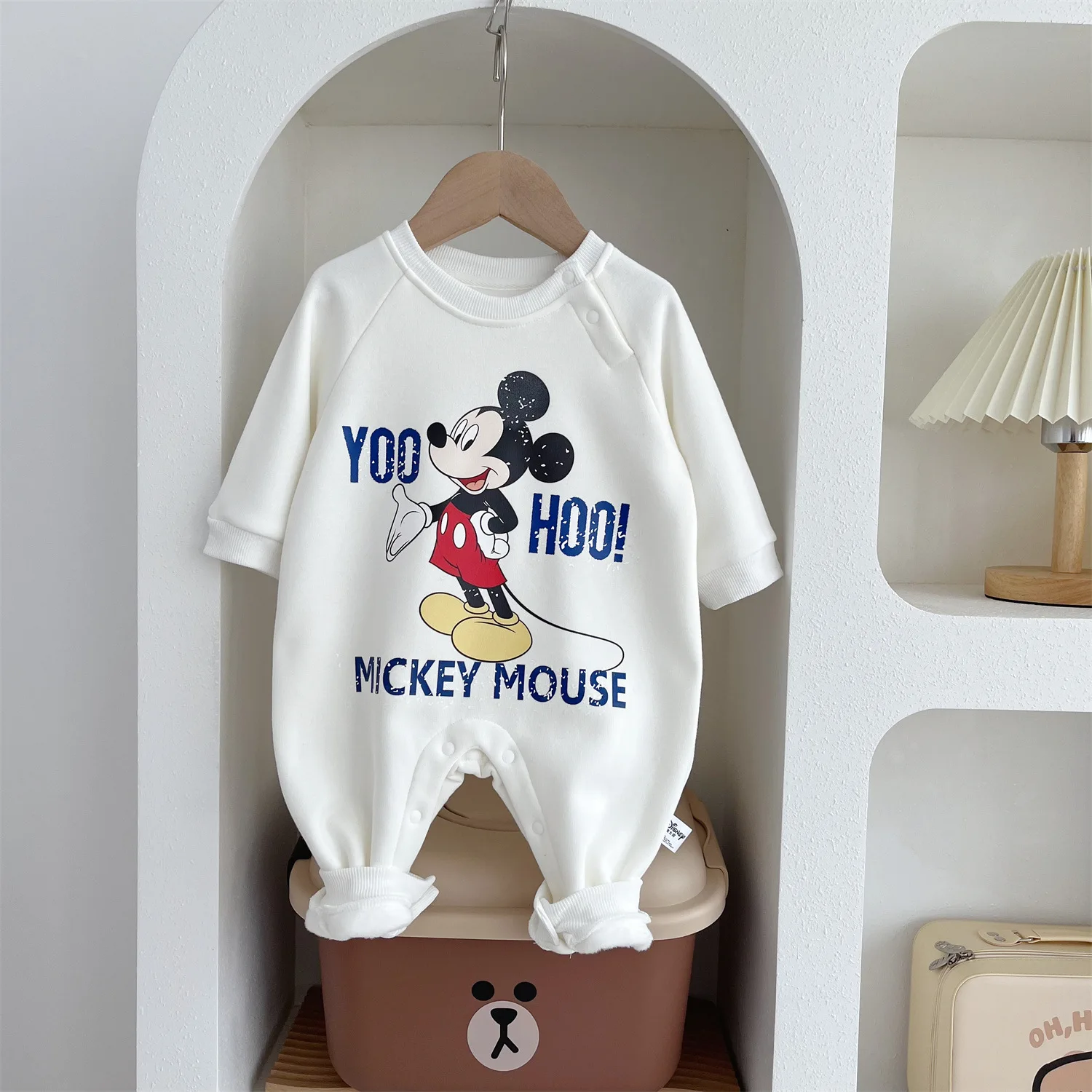 Winter Baby Boys Romper With Plush Cartoon Winnie Pooh Mickey Donald Print Long Sleeve Newborn Jumpsuit Girl Cotton Kids Outfit