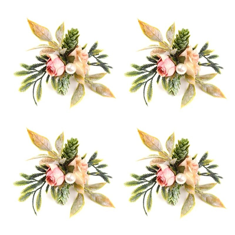 

Double Rose Napkin Rings Set Of 12, Pink Flower Napkin Rings With Berries And Green Leaves Handmade Napkin Ring Holders