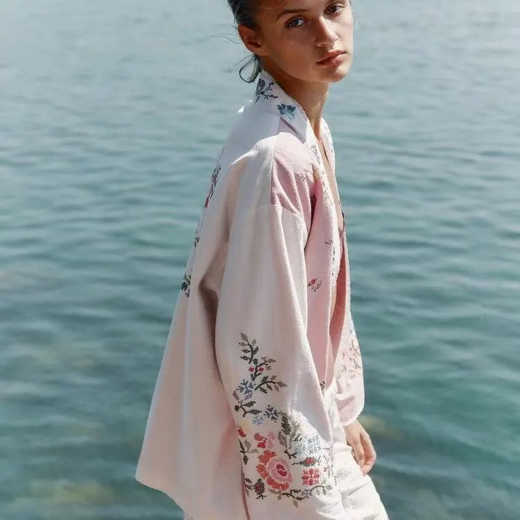 

ZBZR Spring New Women's Faionable Embroidered Cotton Floral Street Sle Loose Fit Outerwear Long Sve V-Ne Open Cardigan