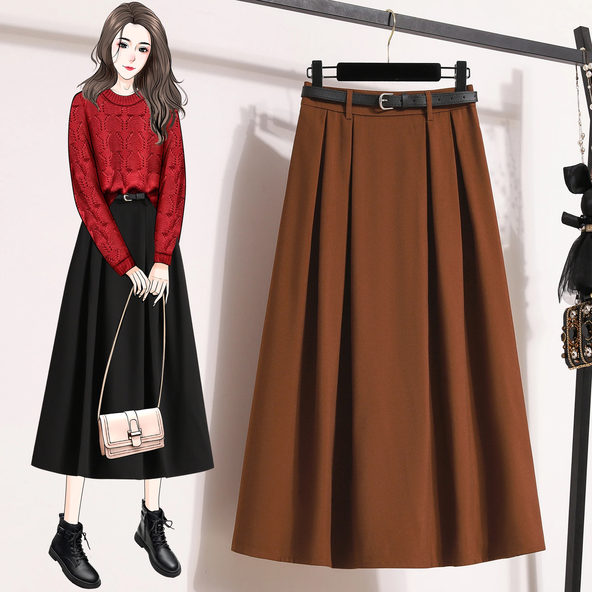 Plus Size Skirt Women 2024 Autumn Winter High Waist A Line Long Skirt With Belt Korean Style Pleated Maxi Skirts Womens Hot Sale