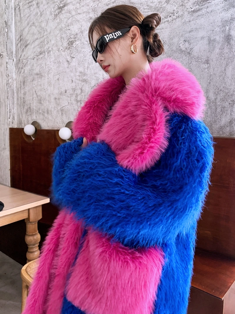 Original Design Royal Blue and Rose Red Faux Fur Coat Female Eco-friendly Long Jacket Lady Shaggy Outerwear Women\'s Winter Coats