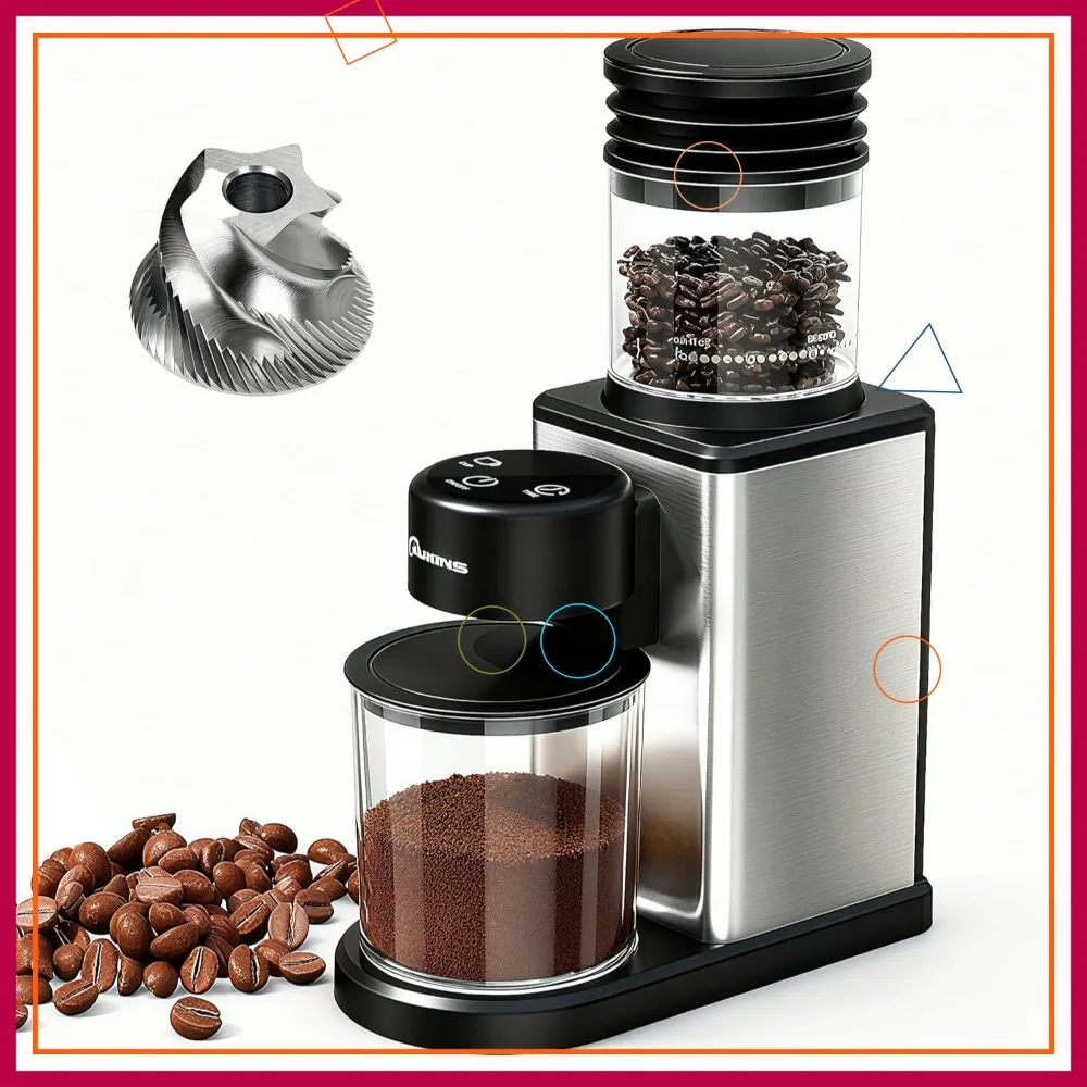 

Электрическая кофемолка с коническими жерновами: 200 Вт, 25 регулировок помола от эспрессо до френч-пресс, низкий уровень шума, компактный дизайн