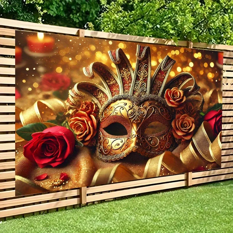 2D Flat, 1pc Large 8x6ft Golden Venetian Mask & Red Roses Backdrop Banner - Luxurious Polyester Fabric Wall Decor with Ornate Ve