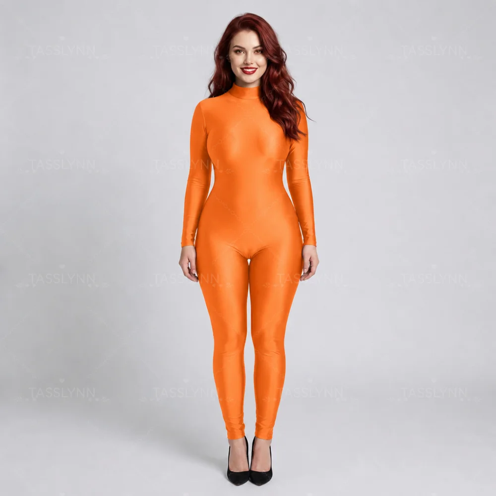 Women Solid Color Curvy High Neck Long Sleeve Catsuit Stretch Elastane Bodysuit, Cosplay Base Layer Portrait Shooting Costume view 4