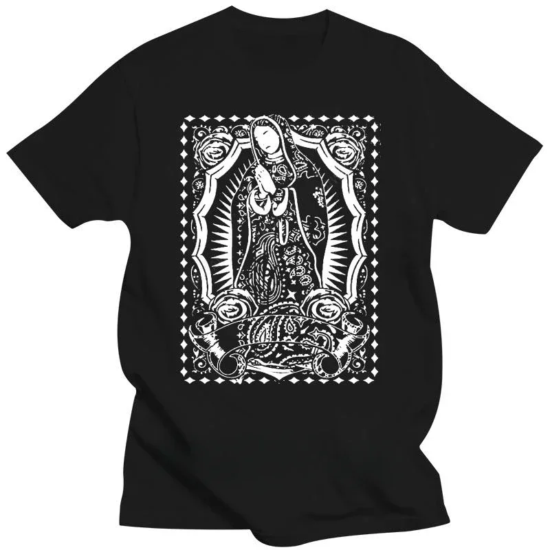 funny print short sleeve Virgin Mary Red Bandana Print T Shirts Mexican Cholo Chicano Art LA Blood Tee Men summer t-shirt