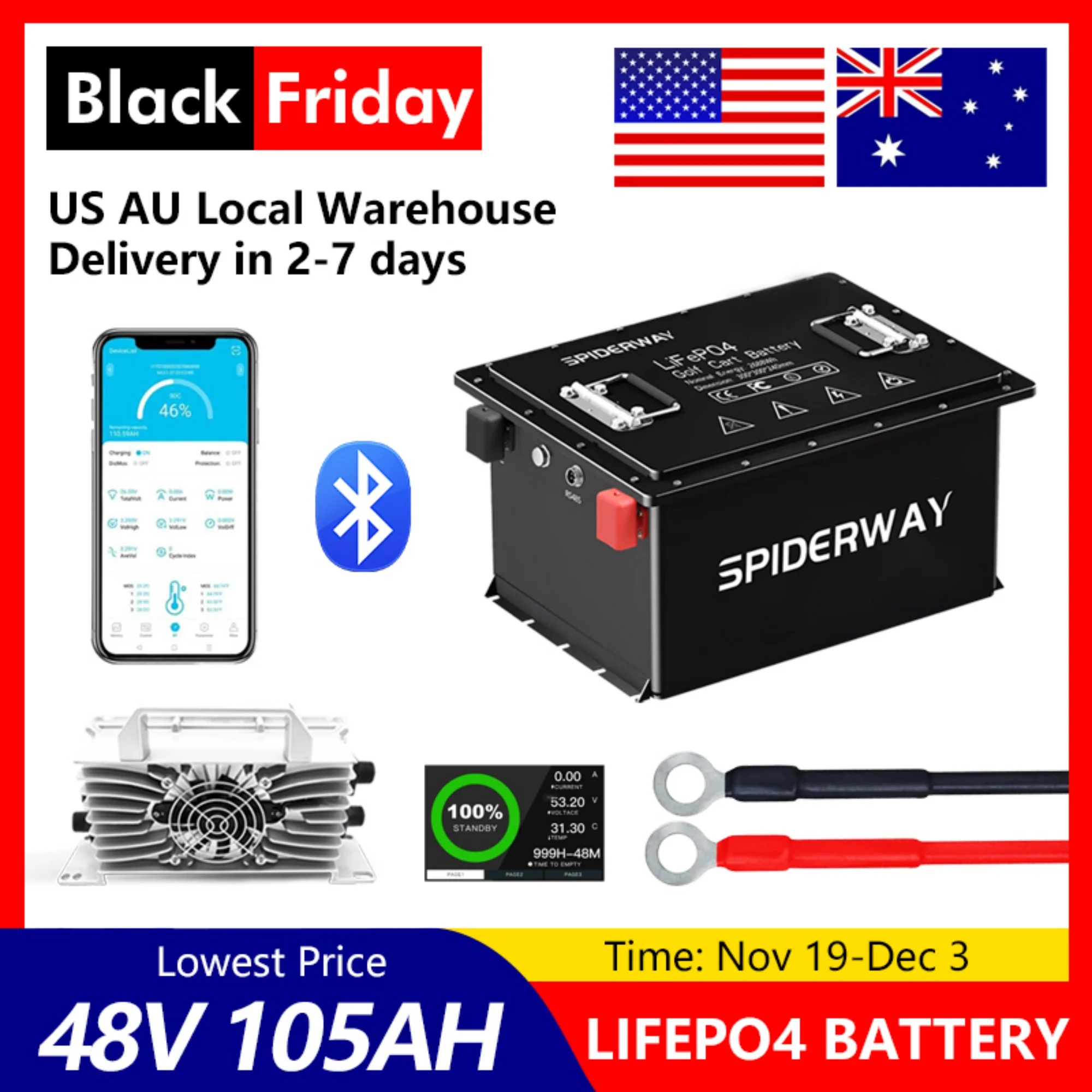 

Литиевая батарея LiFePO4 48 В (51,2 В), 105 Ач с ЖК-экраном, встроенным интеллектуальным BMS, с быстрым зарядным устройством 48 В, 25 А для гольф-кара, автодома