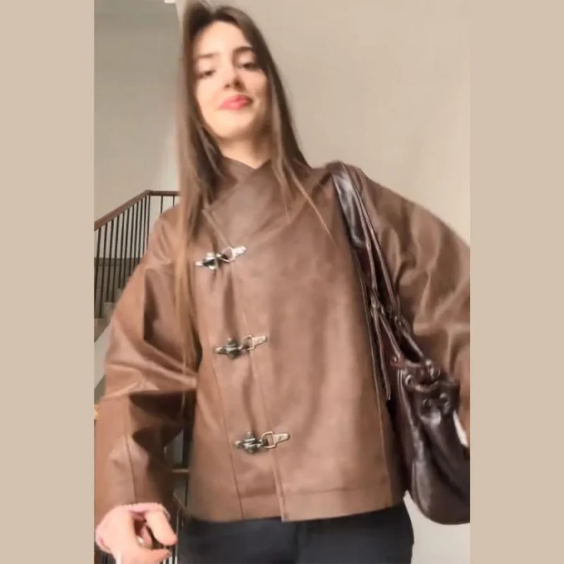 

Винтажные куртки из искусственной кожи, женские металлические пиджаки с длинными рукавами, стильная верхняя одежда с неровным воротником, новинка 2025, осенние женские пальто